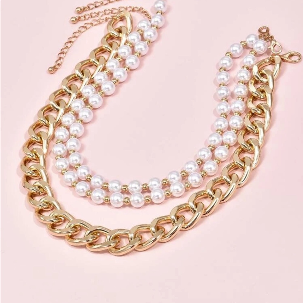 New Multilayer Pearls and Cuban Chain Necklace